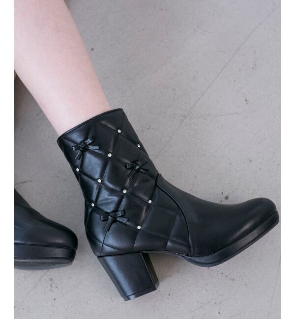  「キルティングビジューリボンブーツ」|ショートブーツ|