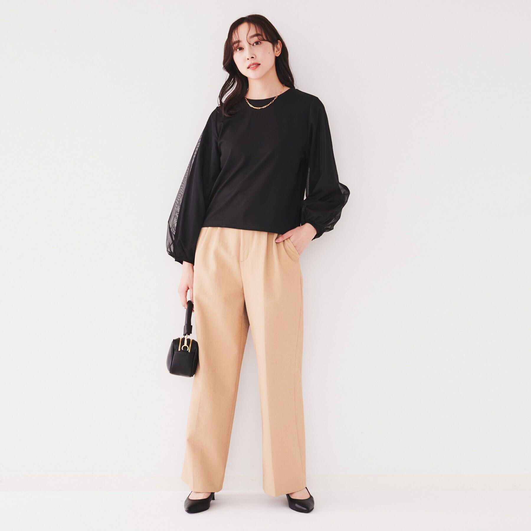 UNTITLED「【洗える/すっきり丈/きれいめ】ストレッチポンチ袖チュールカットソー」|Tシャツ・カットソー|