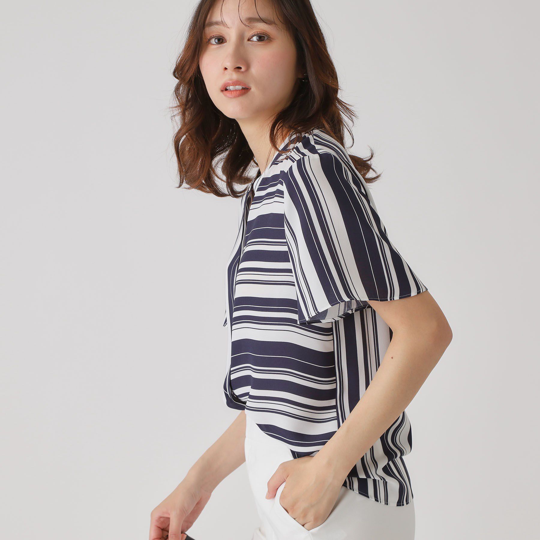 COUP DE CHANCE「【洗える／日本製】ストライプ&times;ボーダーブラウス」|シャツ・ブラウス|ネイビー(394)