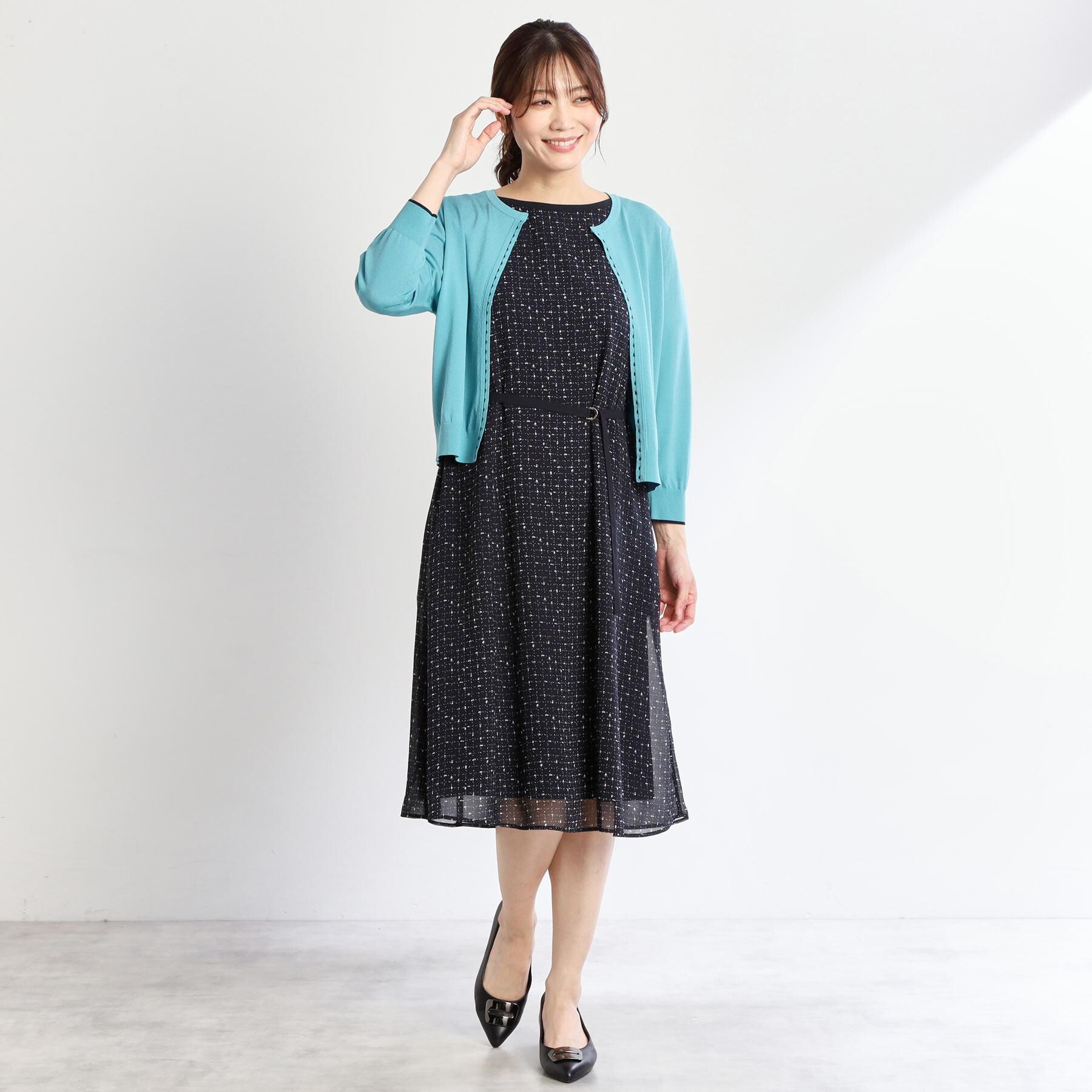 Reflect「【WEB先行カラーあり／マシンウォッシュ可／ナローベルト付き】オフボディツイードチェックワンピース」|ワンピース|