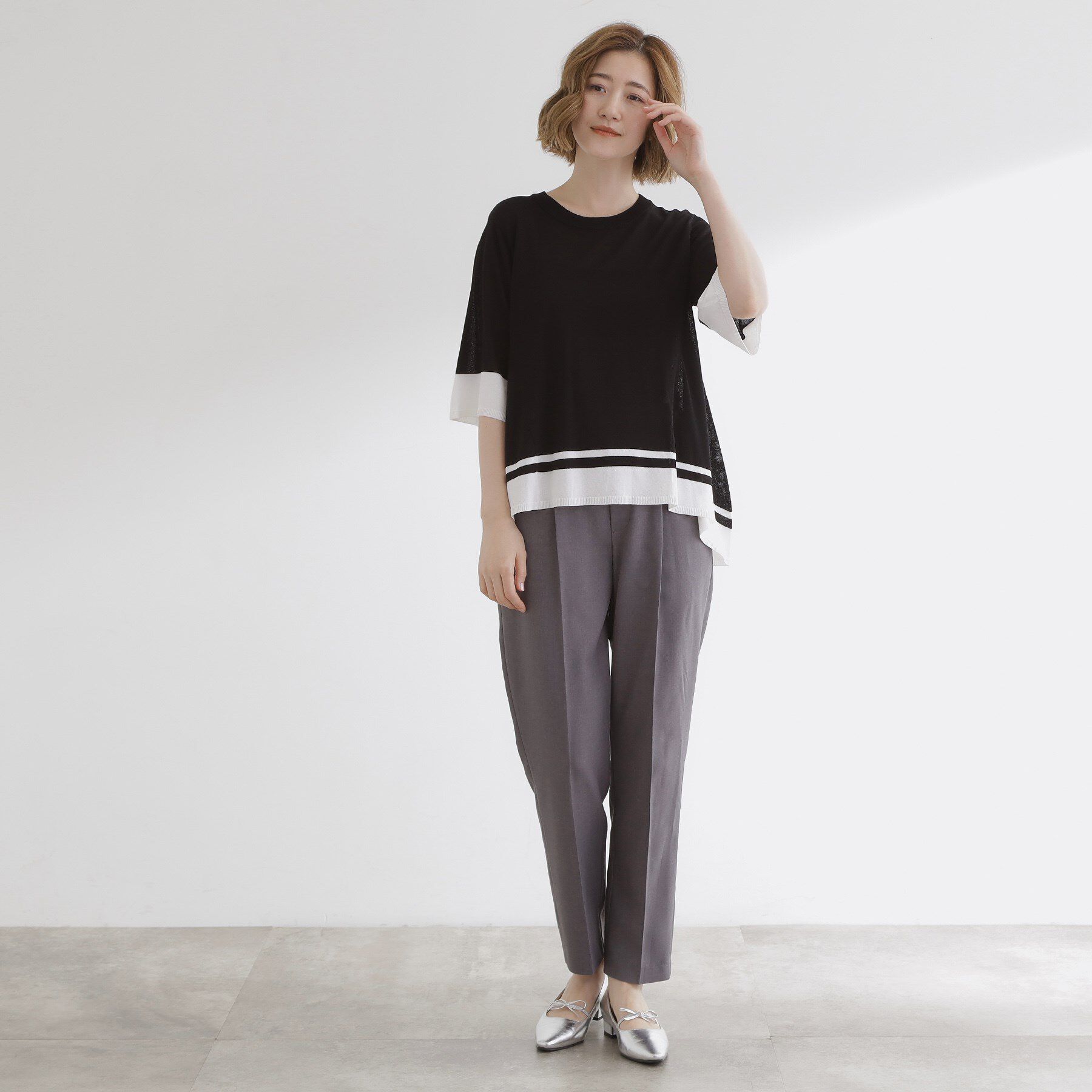 grove「涼やか体型カバー　配色シアーニットプルオーバー」|ニット・セーター|