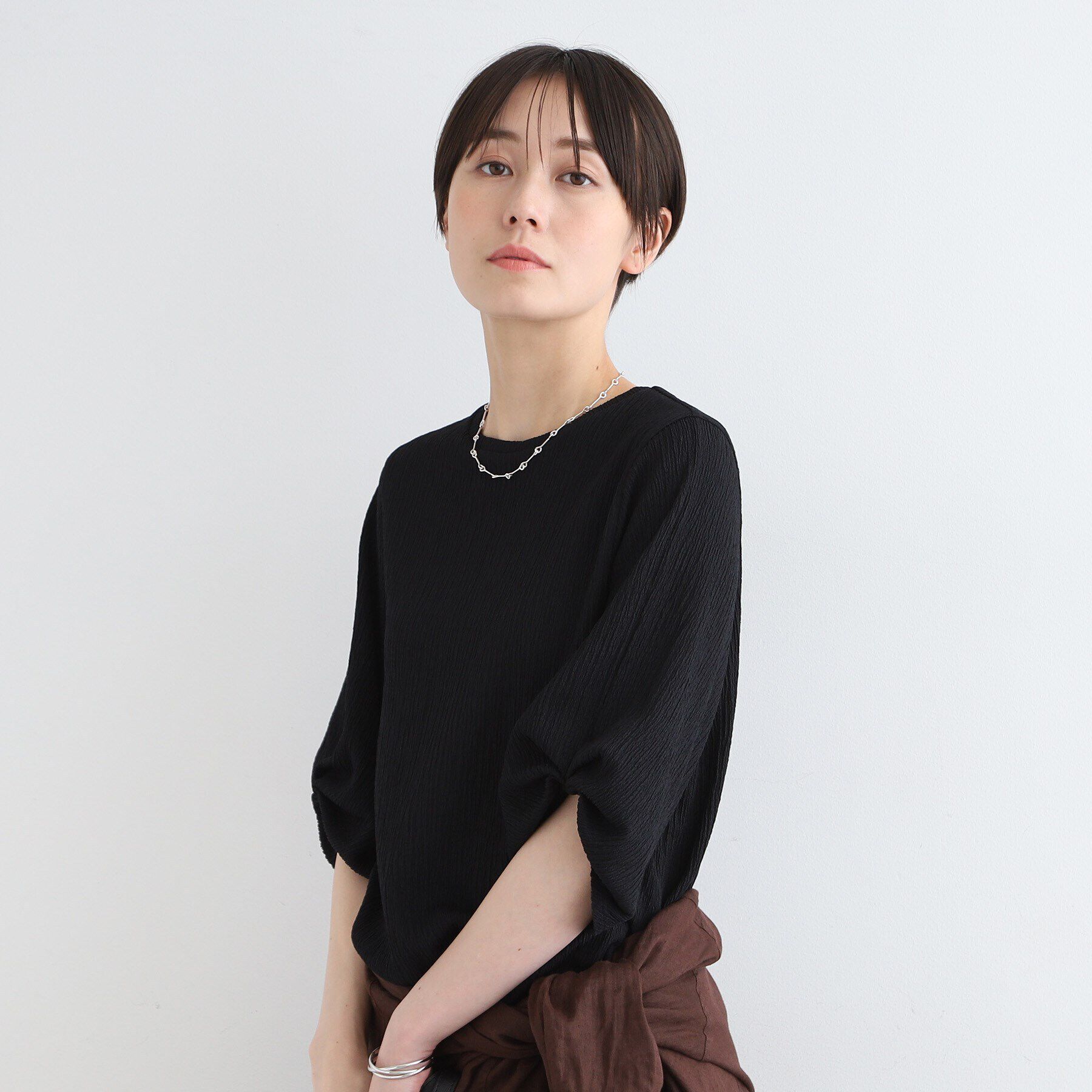 INDIVI「【洗える／UVケア／凹凸素材】タックスリーブトップス」|Tシャツ・カットソー|ブラック(019)