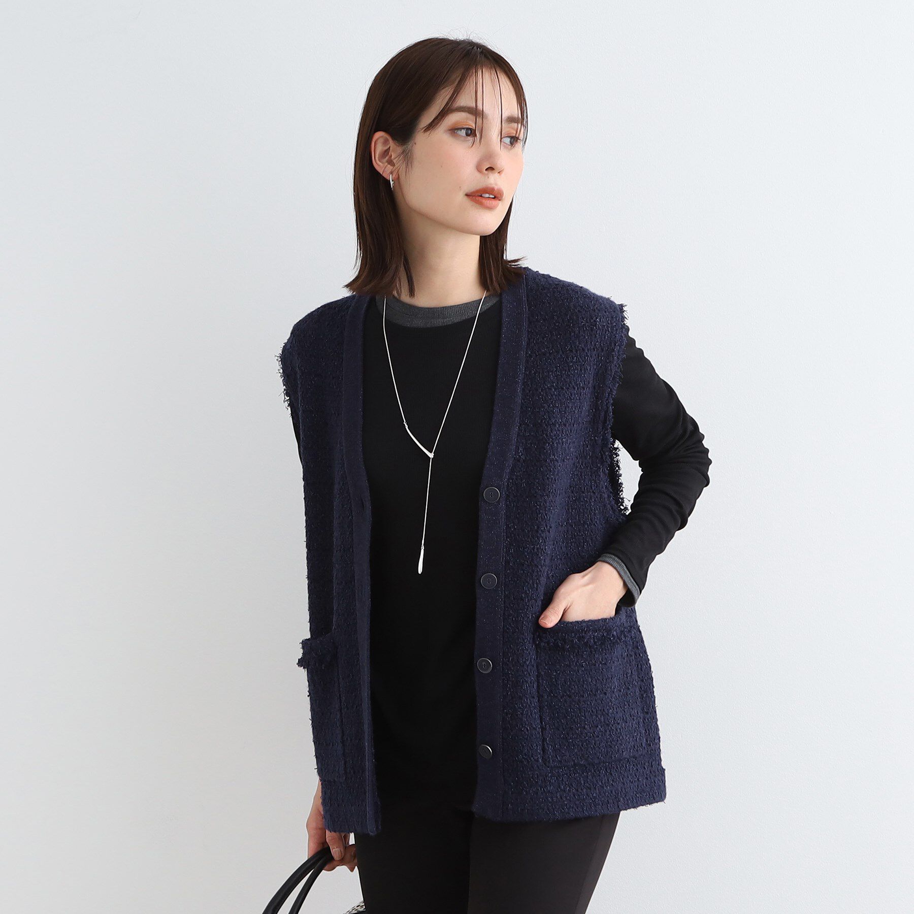 INDIVI「【トレンド】ツィードジレニット」|ベスト・ジレ|ネイビー(494)