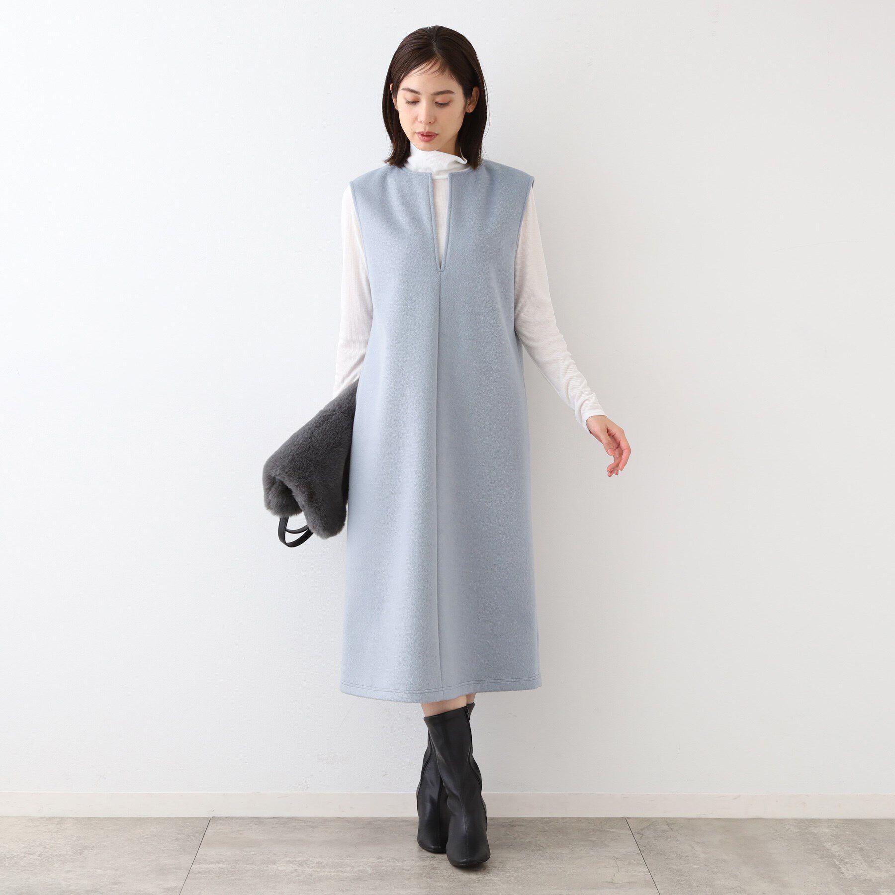 INDIVI「【日本製】ヘアリーキーネックジャンパードレス」|ワンピース|