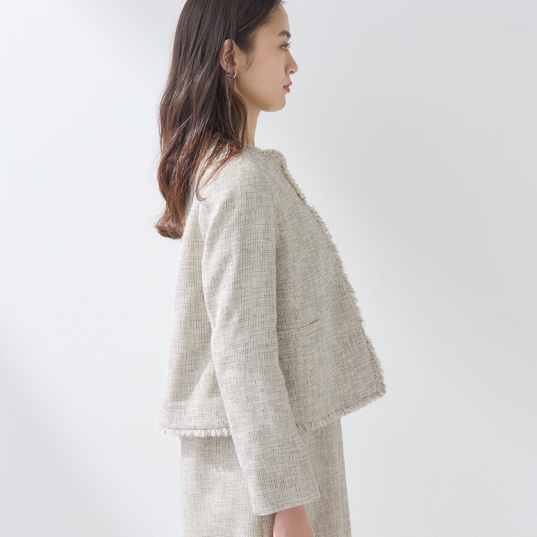 INDIVI「【軽量／セレモニー／SETUP可能】ストレッチツイードジャケット」|ノーカラージャケット|