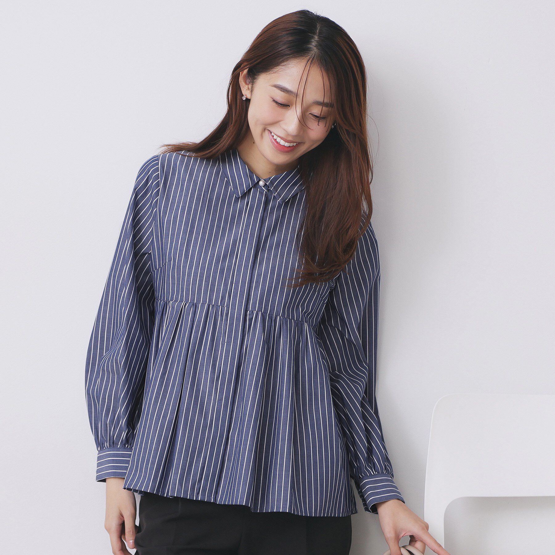 index「ラメストライプ衿付きペプラムブラウス【洗濯機OK/イージーアイロン/防シワ】《6col》」|シャツ・ブラウス|ネイビー(894)
