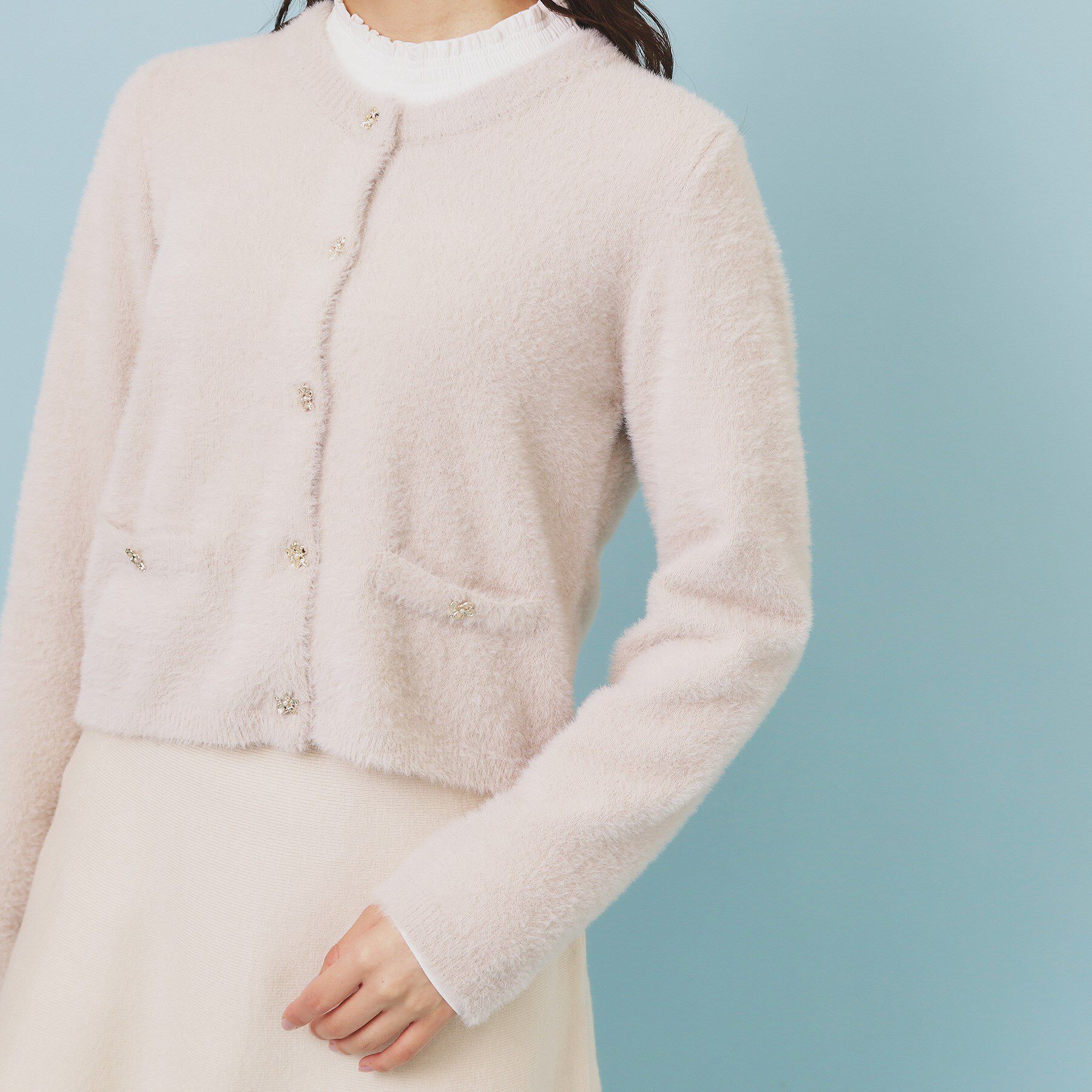 index「フェザーヤーンフラワーボタンカーディガン【洗濯機OK】」|カーディガン|