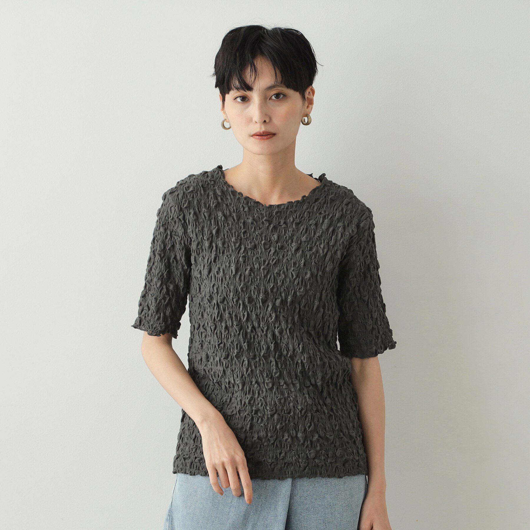 OPAQUE.CLIP「シャーリングレース5分袖カットソー【洗濯機洗い可】」|Tシャツ・カットソー|