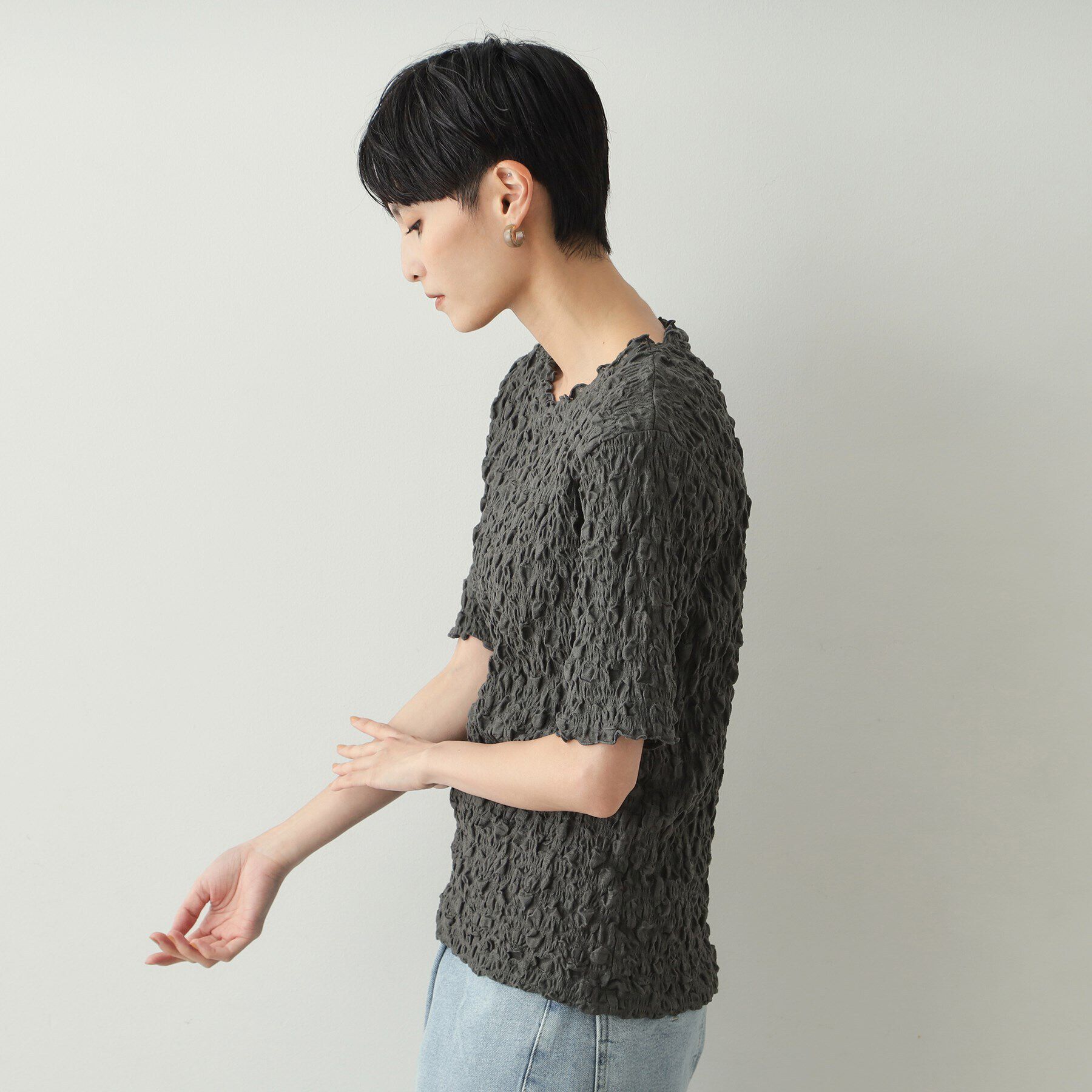 OPAQUE.CLIP「シャーリングレース5分袖カットソー【洗濯機洗い可】」|Tシャツ・カットソー|