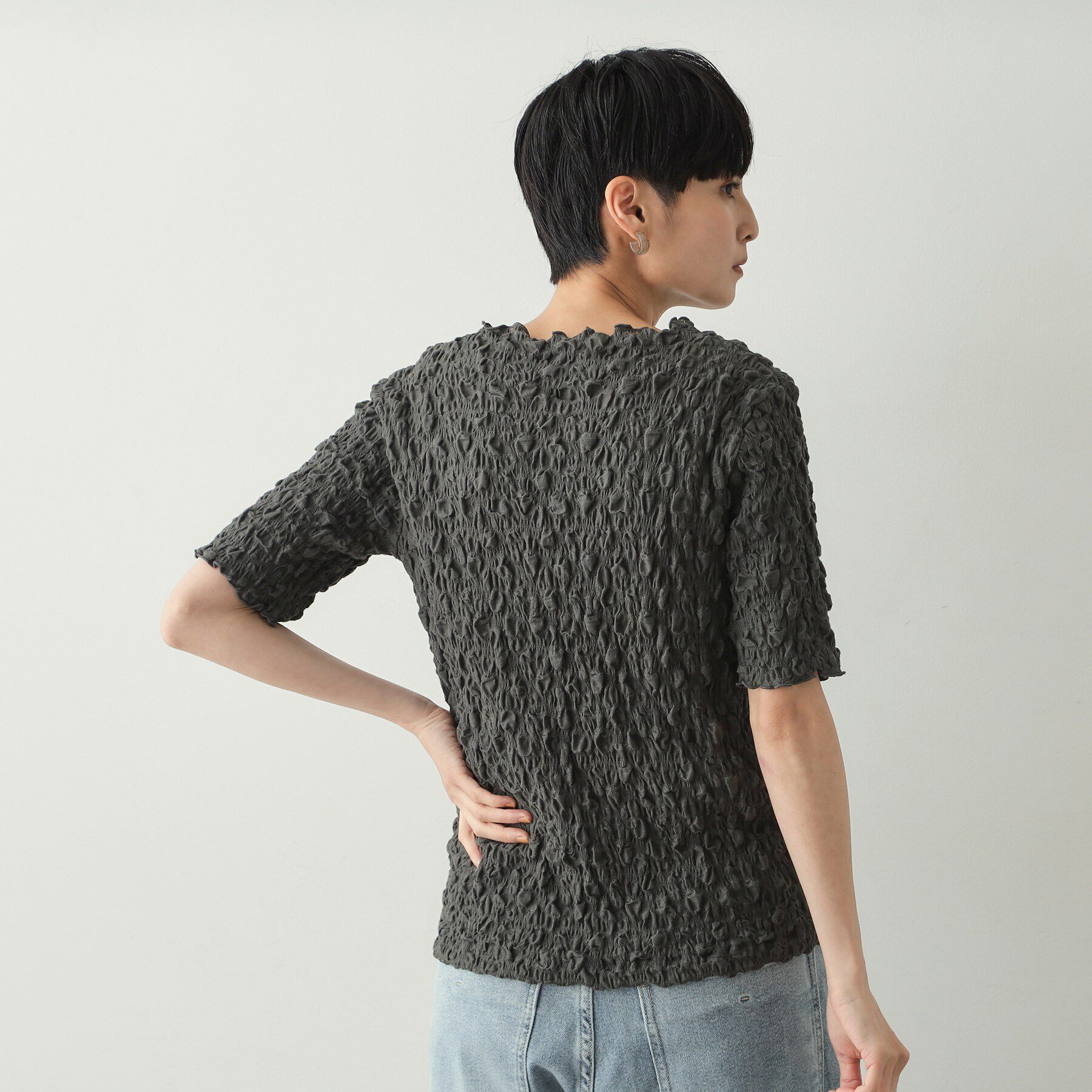 OPAQUE.CLIP「シャーリングレース5分袖カットソー【洗濯機洗い可】」|Tシャツ・カットソー|