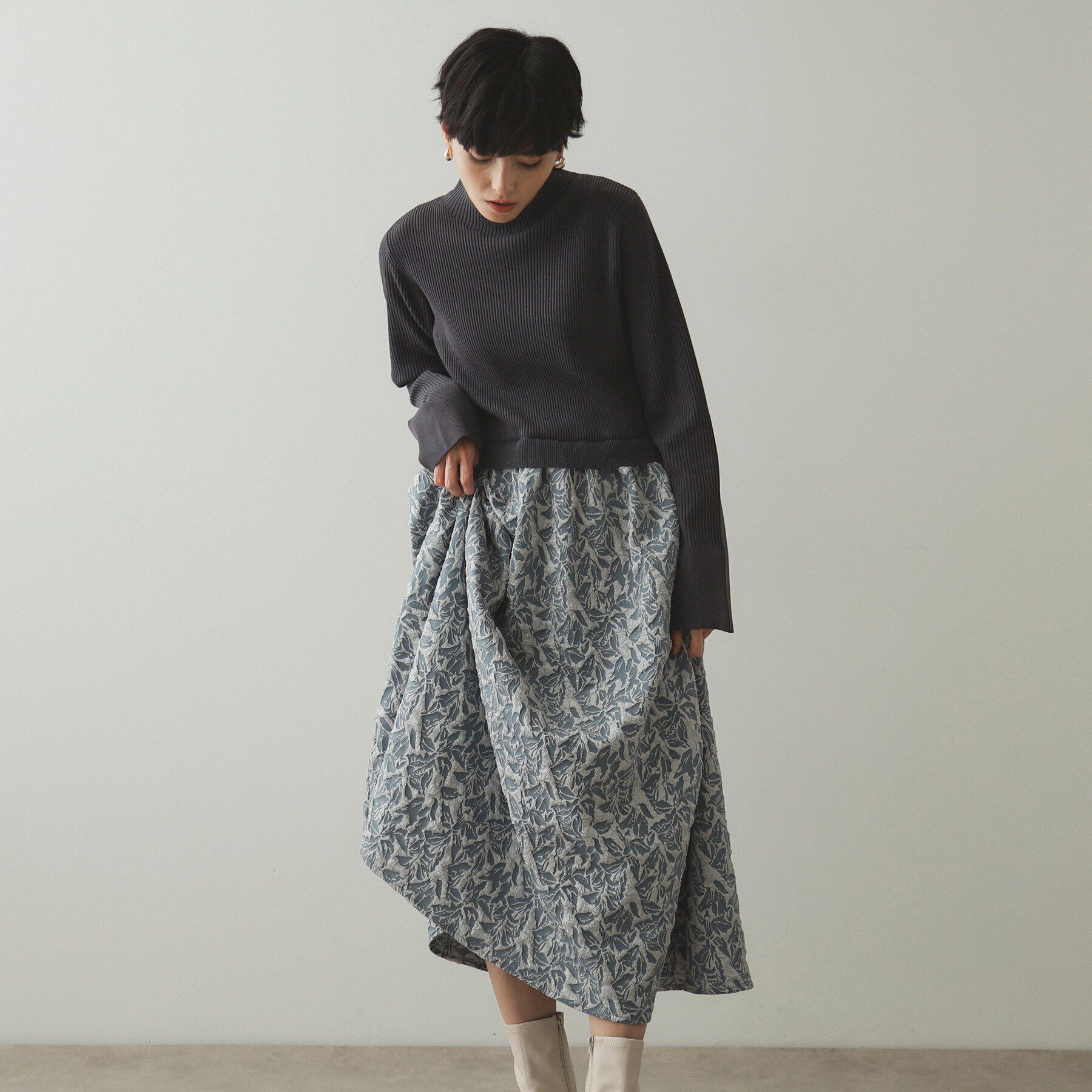 OPAQUE.CLIP「ニット&times;ジャカードドッキングワンピース【洗濯機洗い可】」|ワンピース|