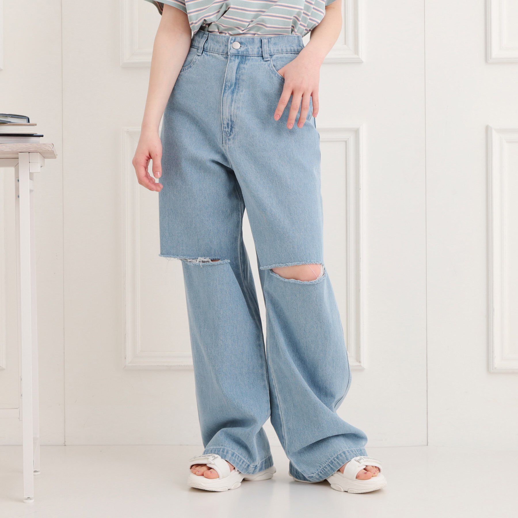 PINK-latte「膝ダメージデニムパンツ」|その他|ブルー(492)