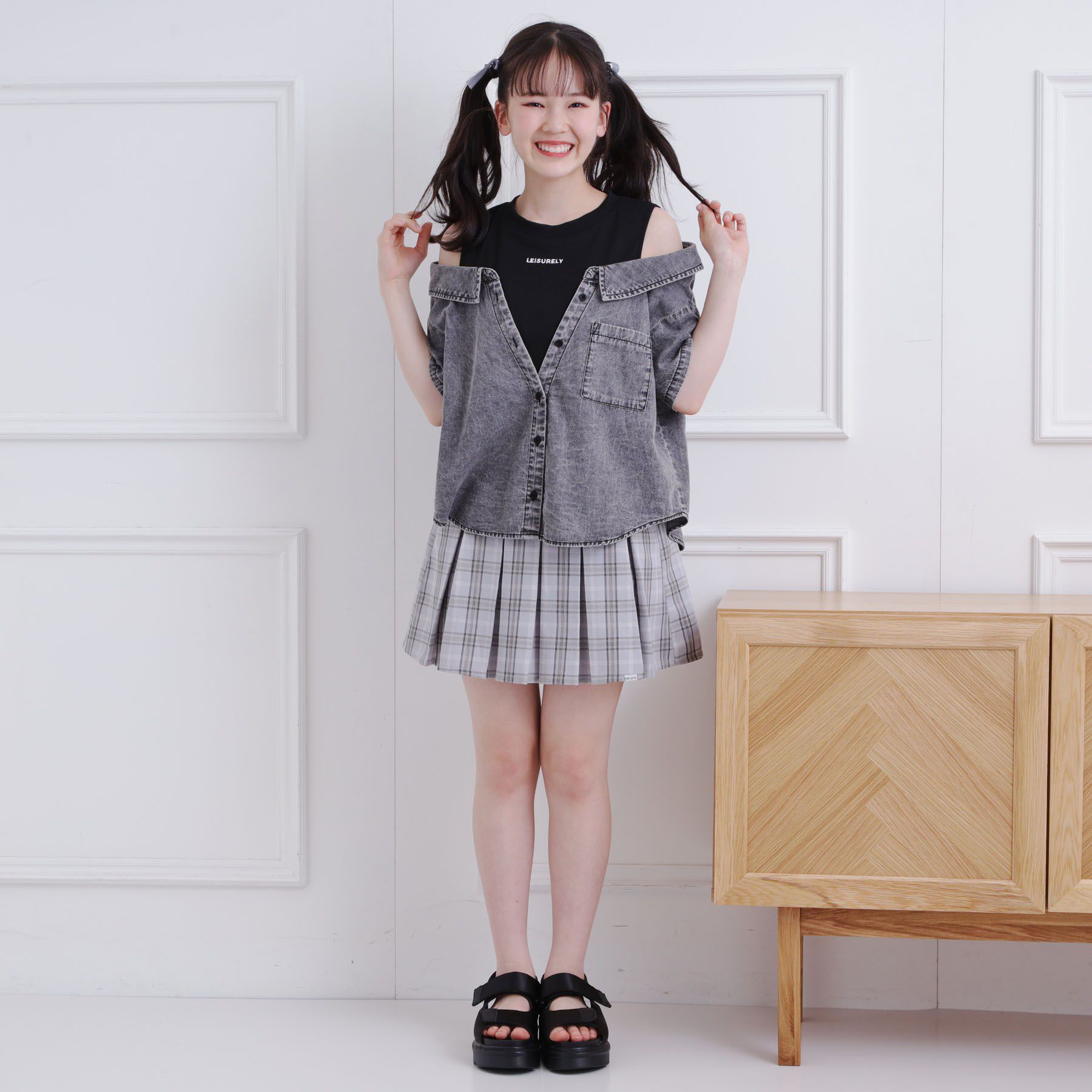 PINK-latte「肩あきデニムドッキングシャツ」|シャツ・ブラウス|