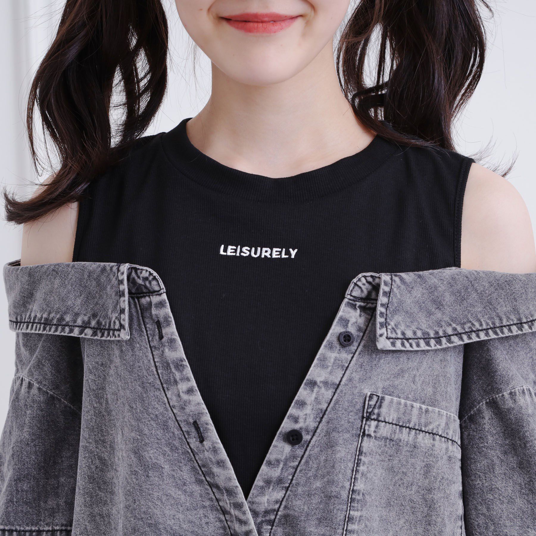 PINK-latte「肩あきデニムドッキングシャツ」|シャツ・ブラウス|