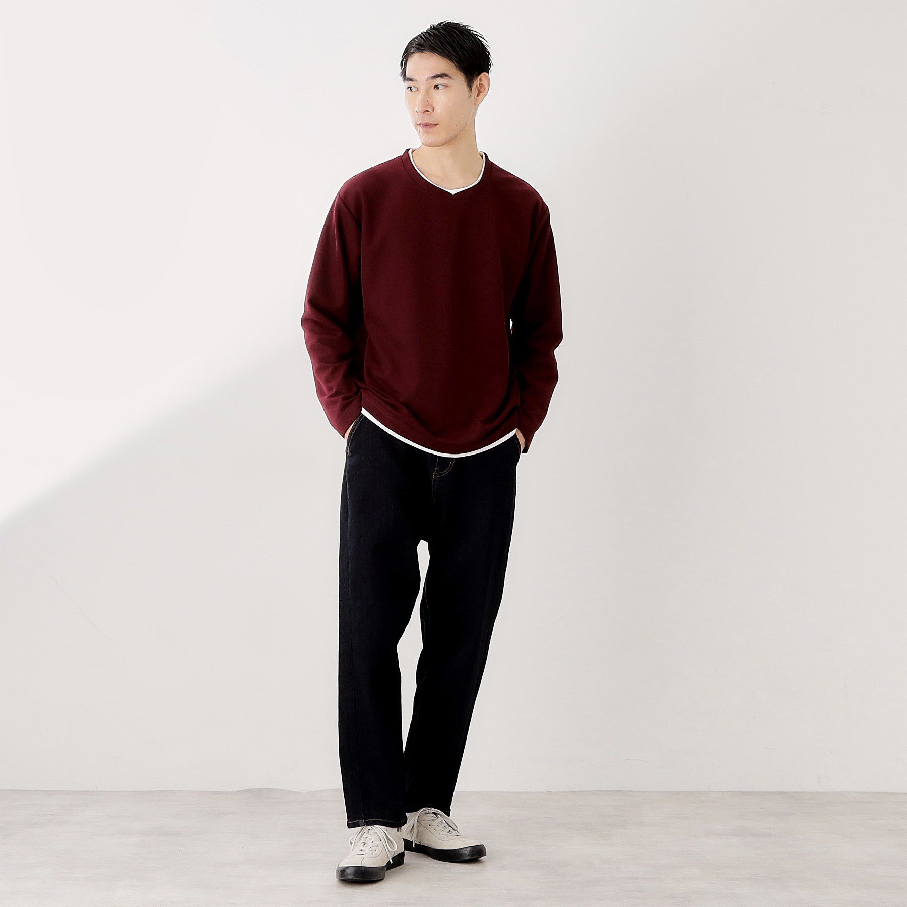 THE SHOP TK「【一枚でコーディネートが完成！】レイヤード風クルーネック長袖Tシャツ　洗濯機OK」|Tシャツ・カットソー|