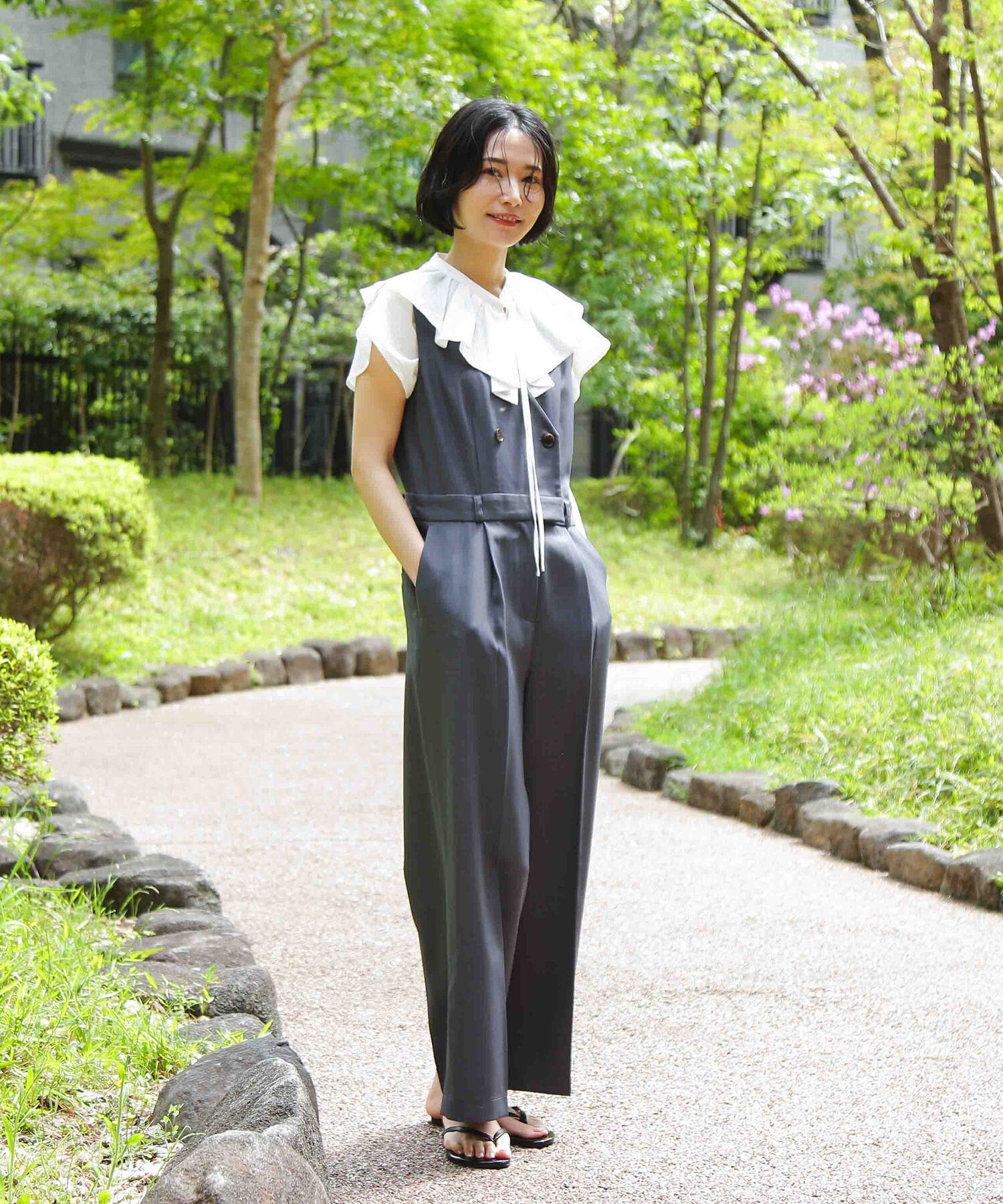  「Vカラーダブルオールインワン」|ワンピース|チャコール1