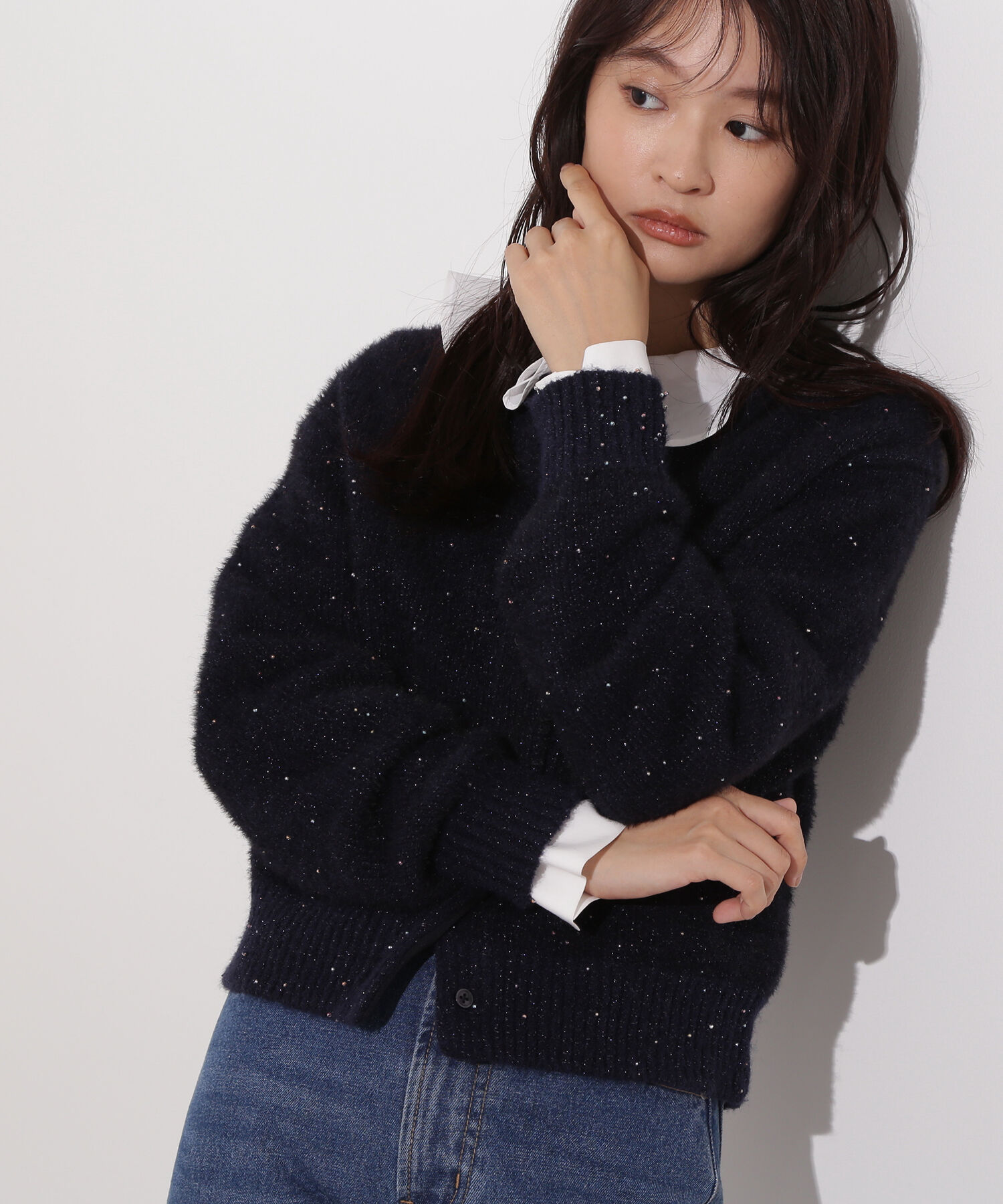  「ビーズミックスヘアリーカーディガン」|ニット・セーター|ネイビー