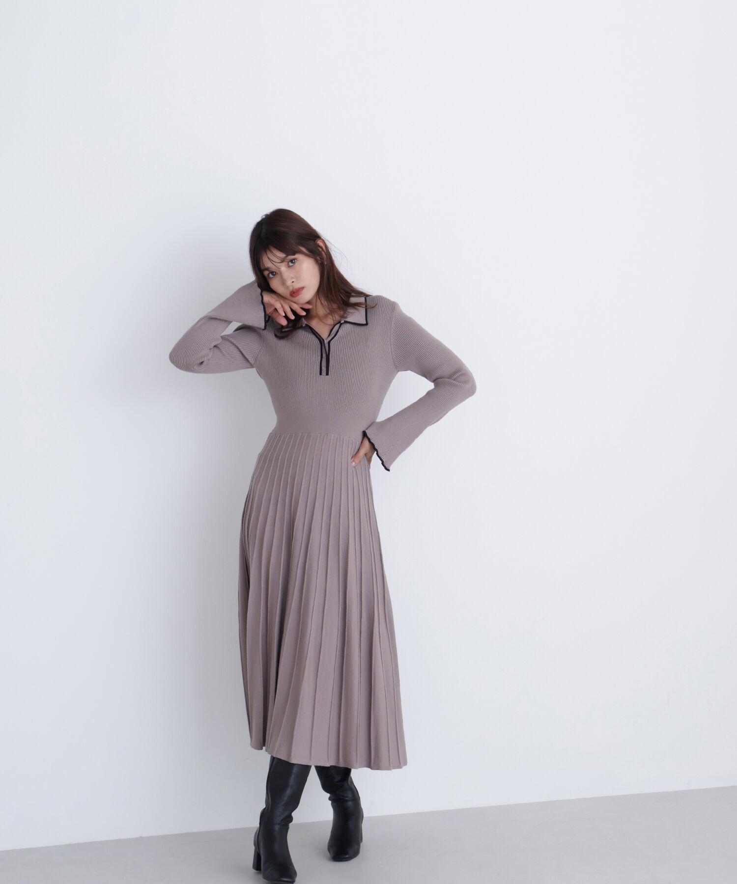  「スキッパーバイカラーニットワンピース」|ワンピース|