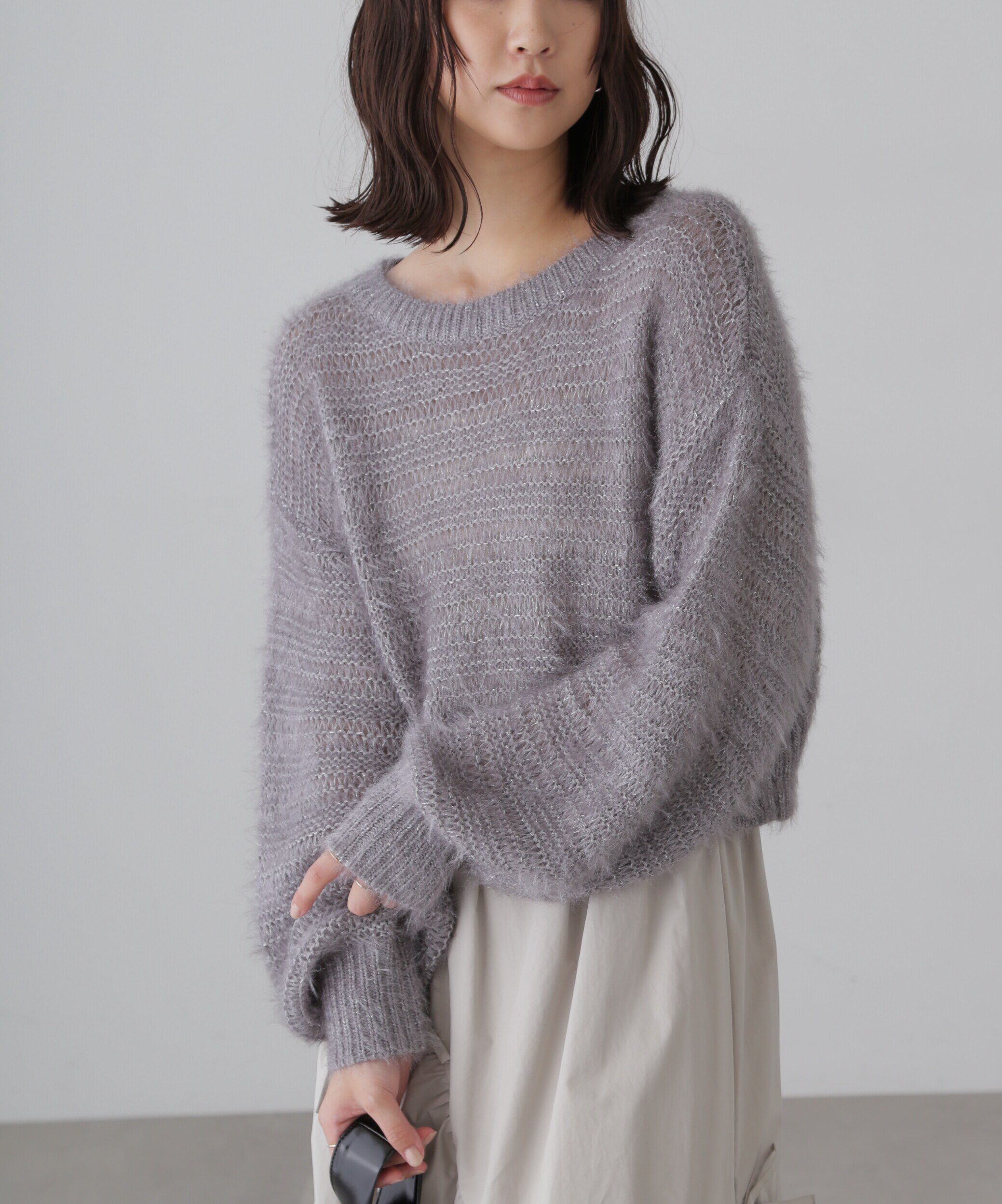  「ラメフェザーモヘヤライクニット」|ニット・セーター|グレー