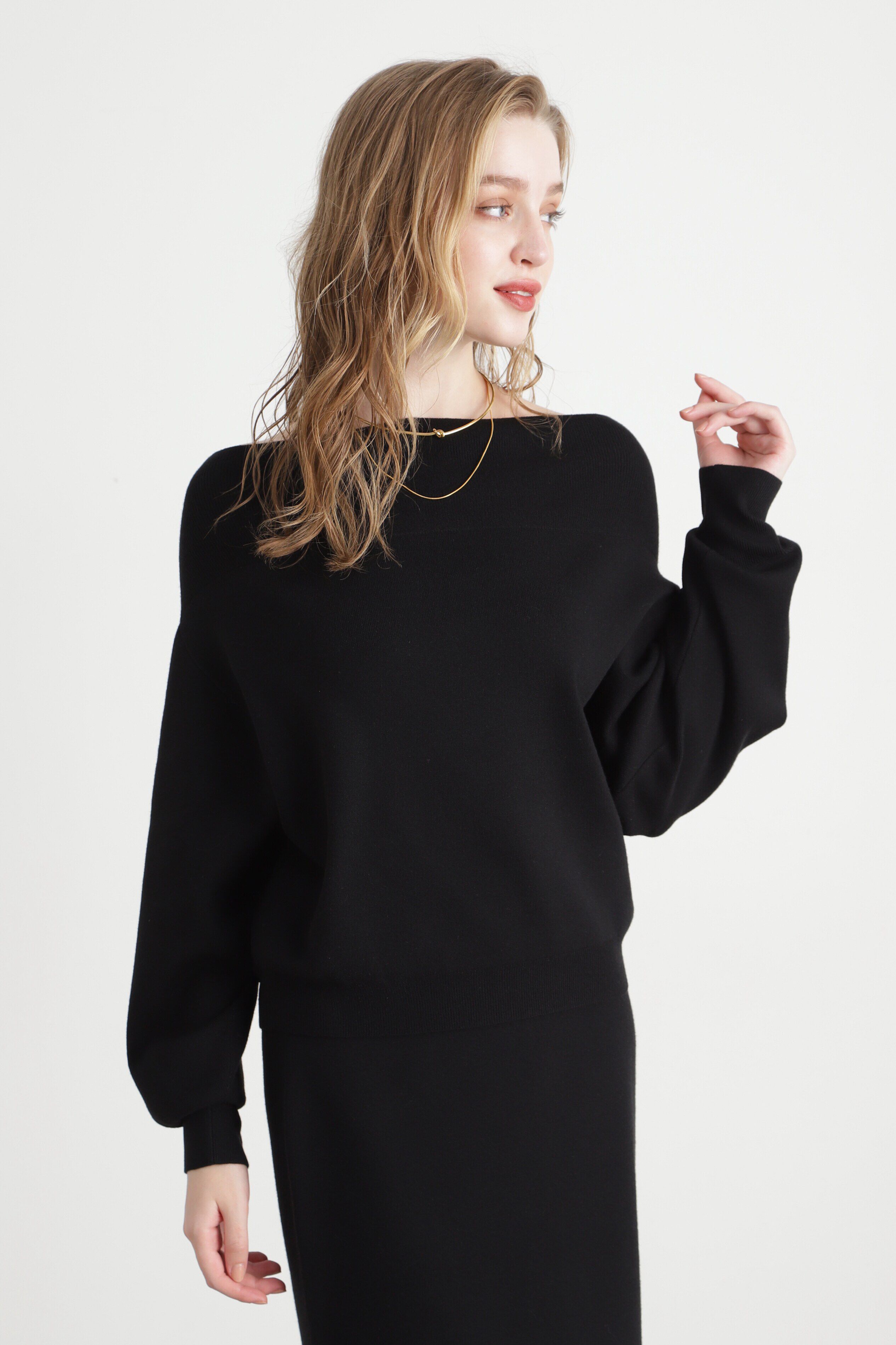  「ボートネックニットプルオーバー」|ニット・セーター|ブラック