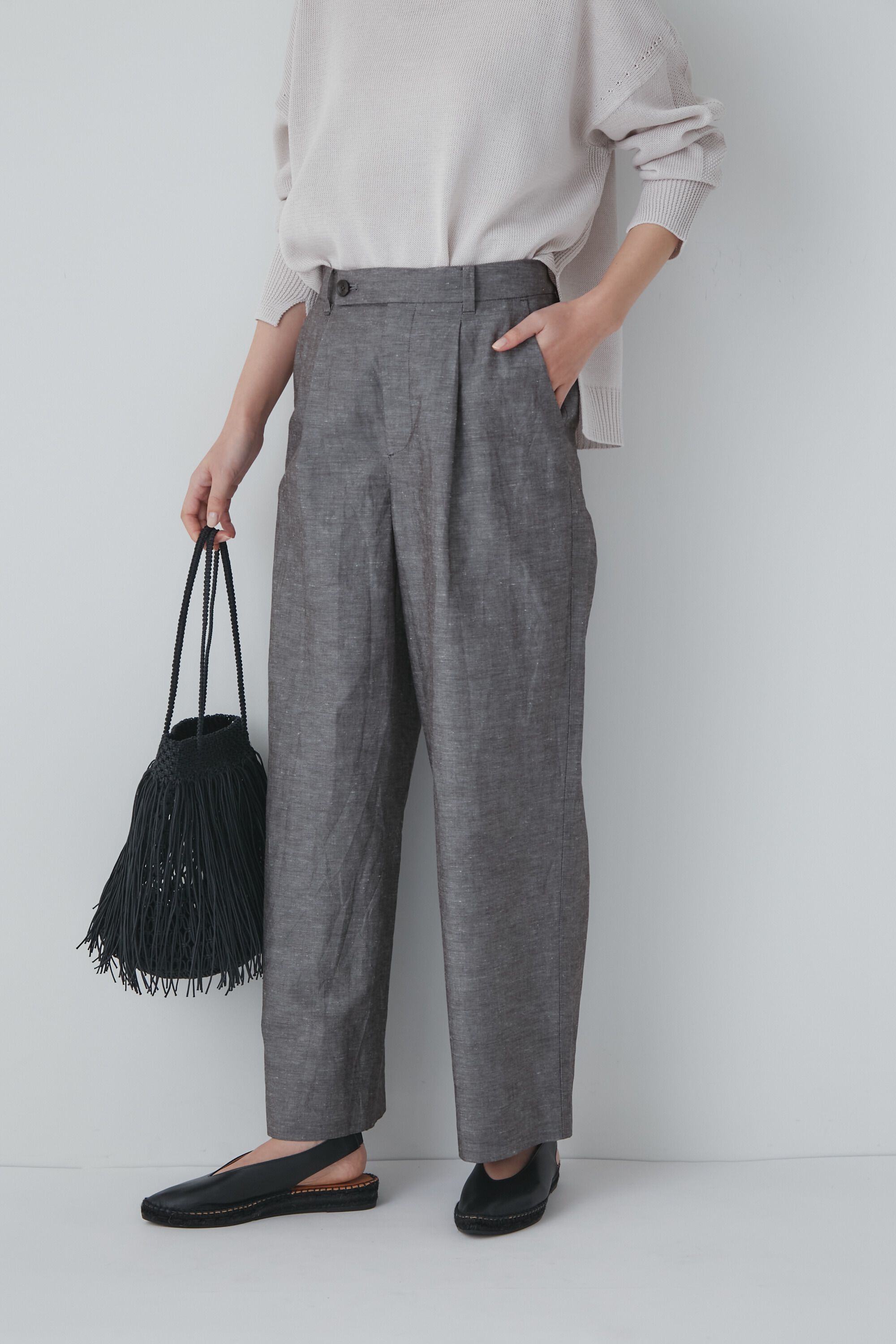  「◆綿麻シャンブレーセミワイドパンツ」|その他|ブラウン