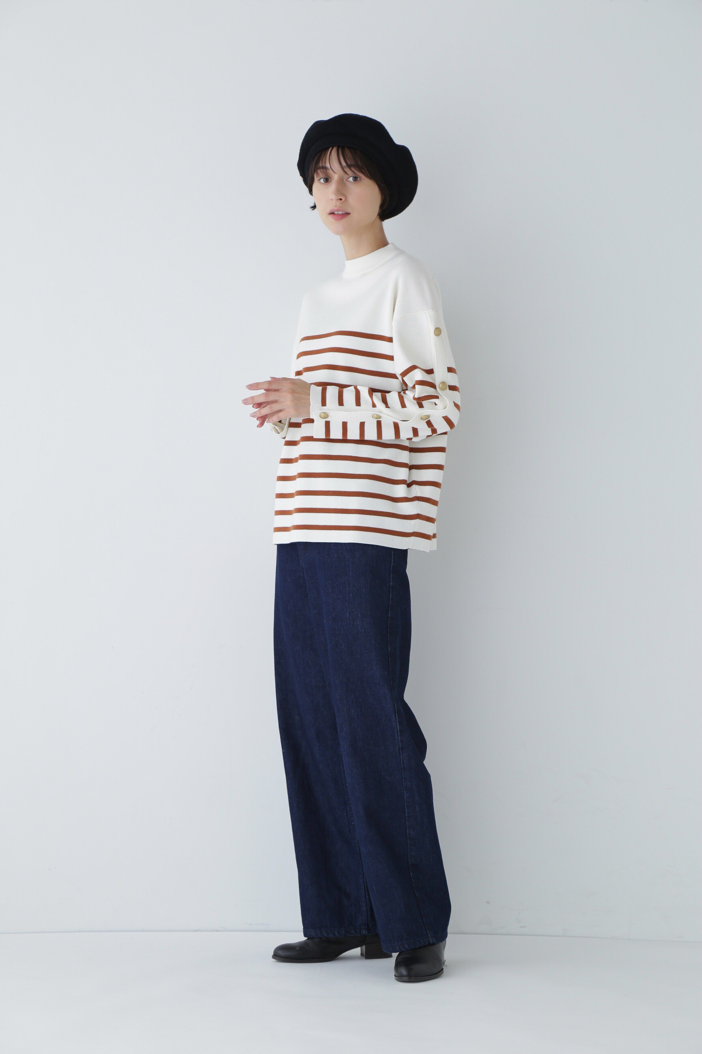  「◆袖ボタン付きボーダーニット」|ニット・セーター|