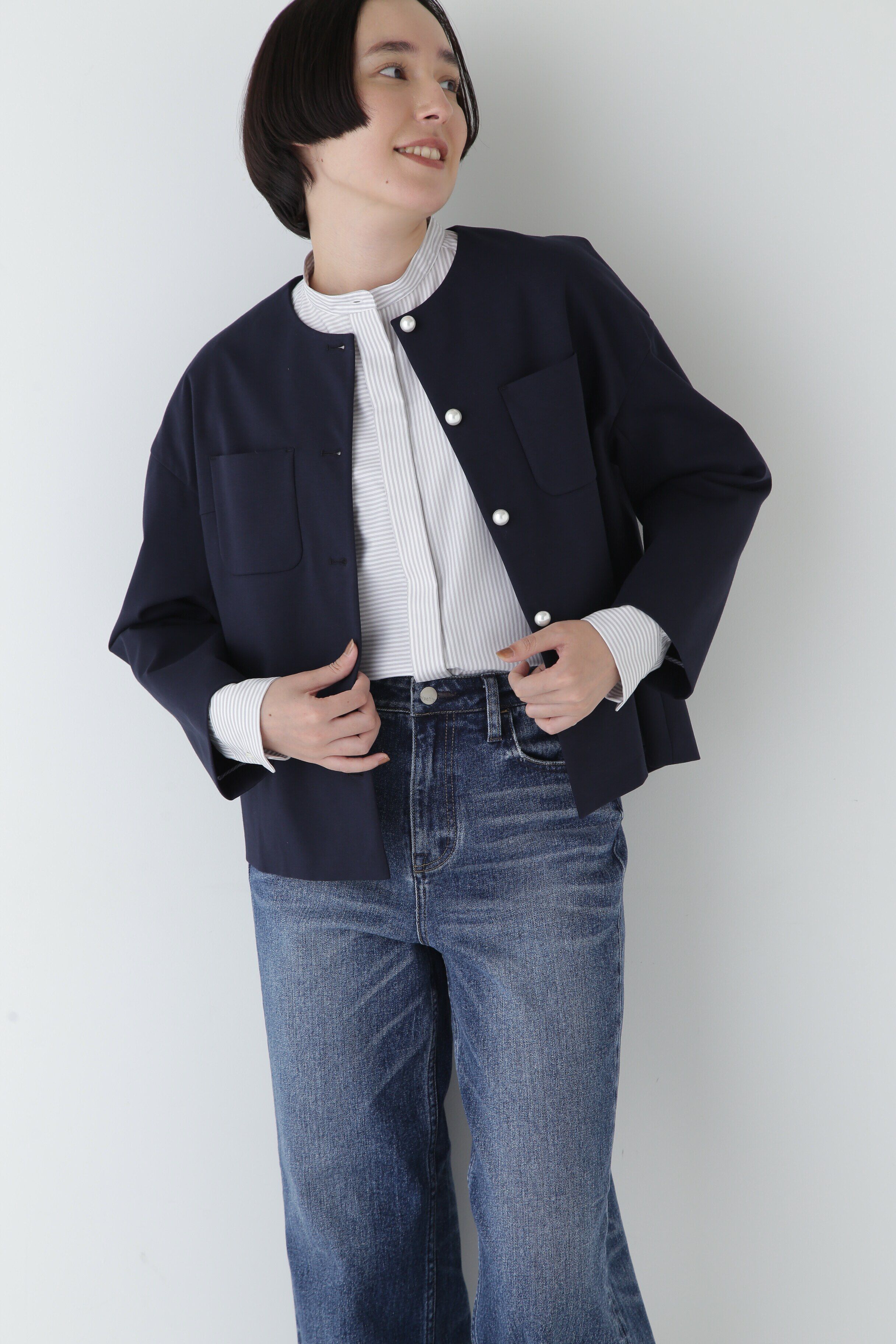  「◆ストレッチポンチノーカラーパールボタンジャケット」|その他|ネイビー