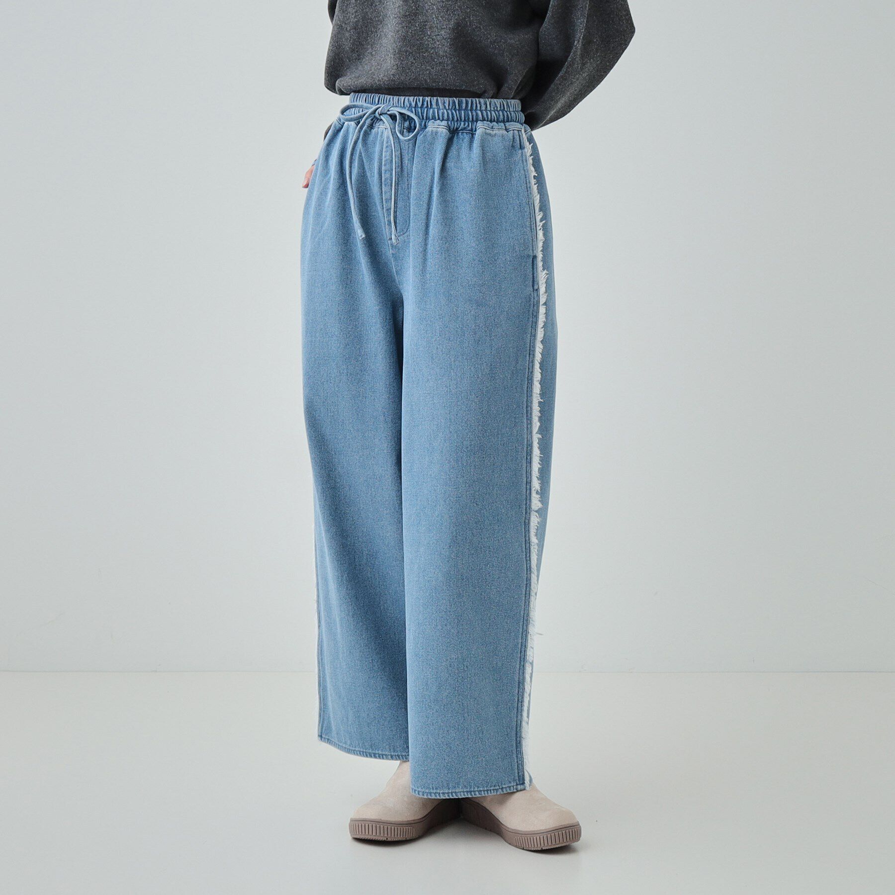SHOO･LA･RUE「【あったか裏起毛】サイドフリンジがアクセント イージーデニムパンツ」|デニム|