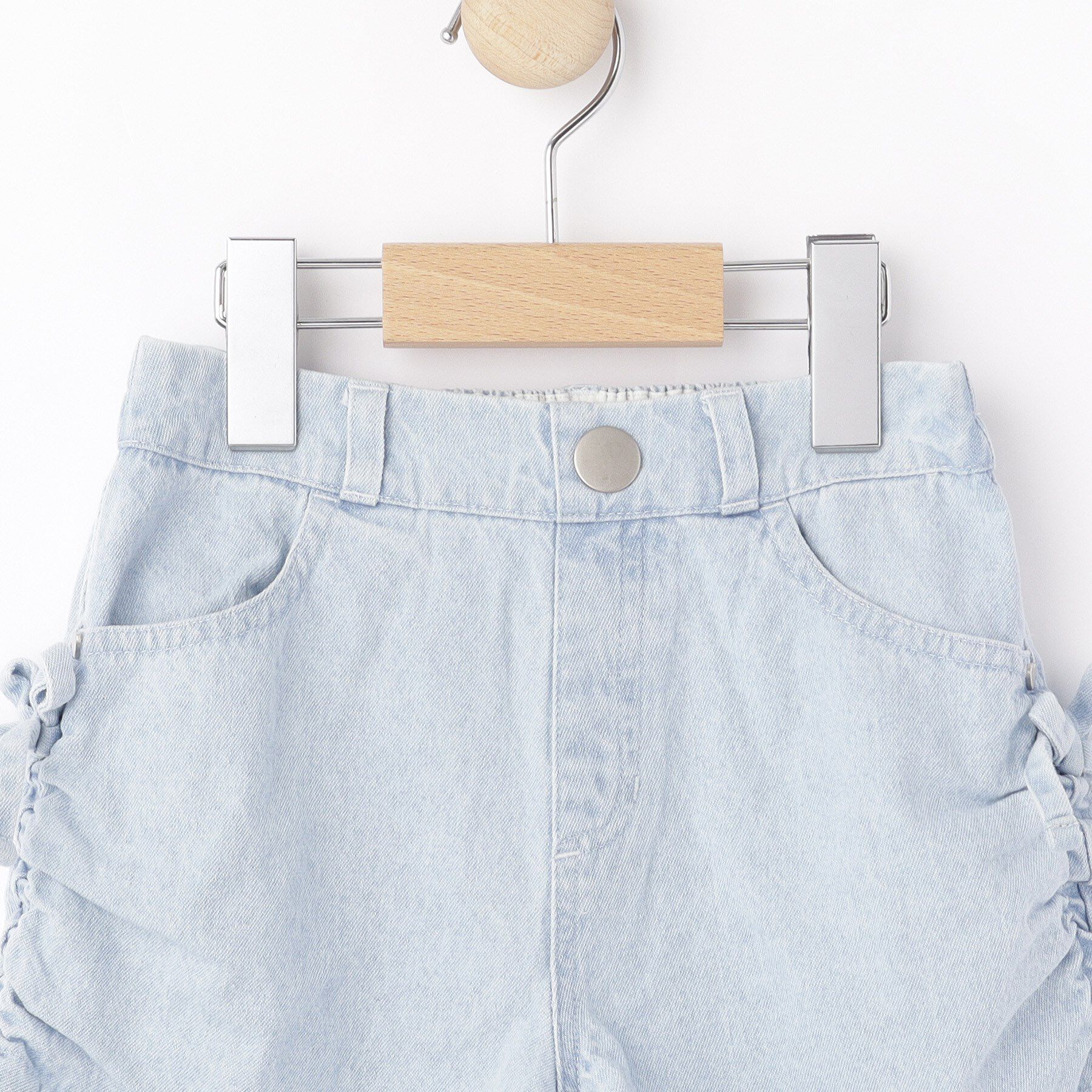 SHOO･LA･RUE「【100-150cm】シャーリングがポイント ケミカルデニムショートパンツ」|キュロット|