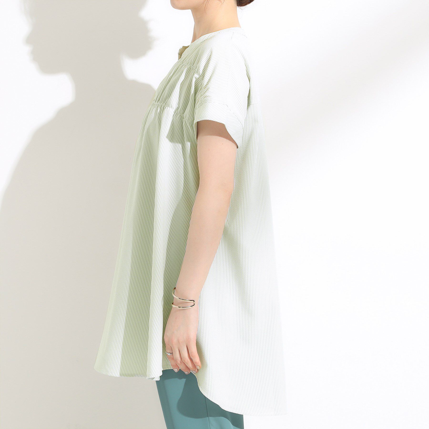 SHOO･LA･RUE「【S-LL/ひんやり/体型カバー】サッカーストライプ Aラインチュニックブラウス」|チュニック|