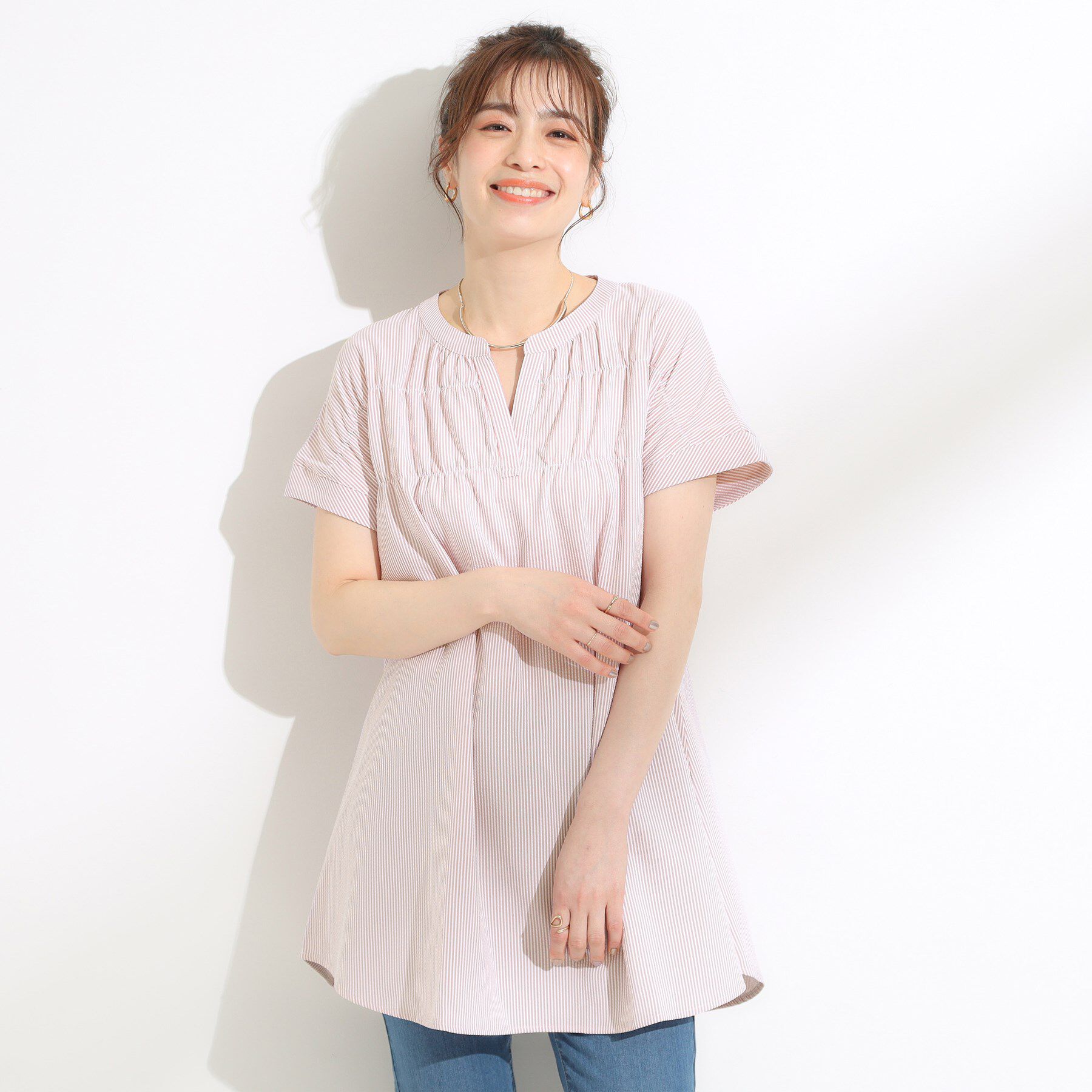 SHOO･LA･RUE「【S-LL/ひんやり/体型カバー】サッカーストライプ Aラインチュニックブラウス」|チュニック|