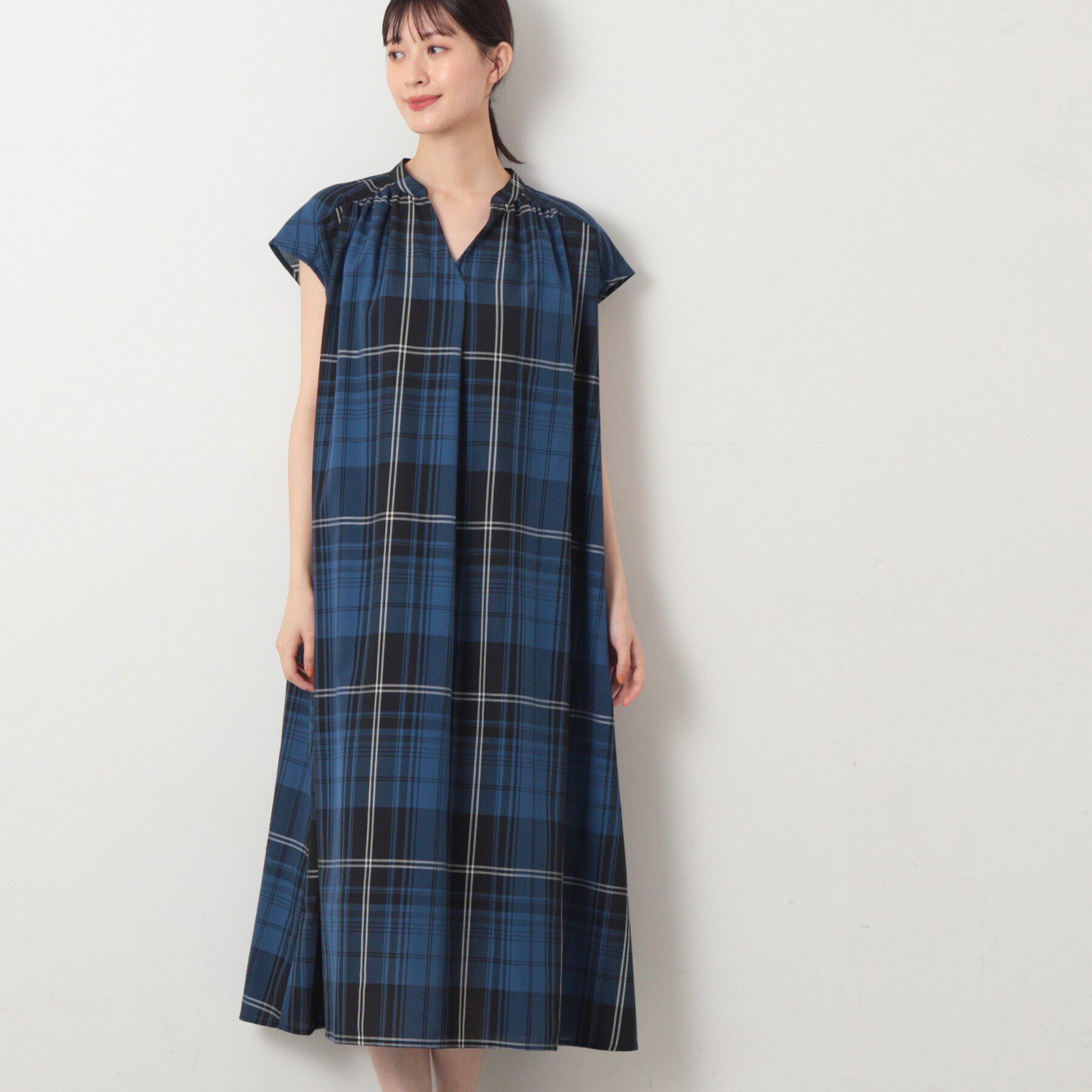 Dessin「【洗える】チェック柄フレンチスリーブワンピース」|ワンピース|ブラック(219)