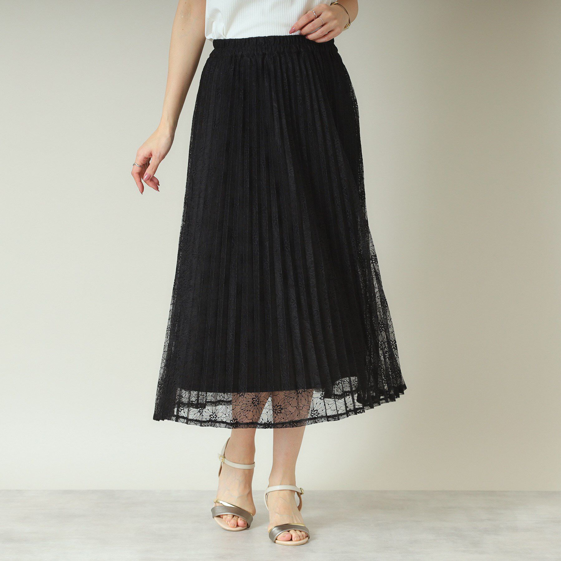 ITS&rsquo;DEMO「【ウエストゴム／手洗い可】レースプリーツスカート」|スカート|ブラック(019)
