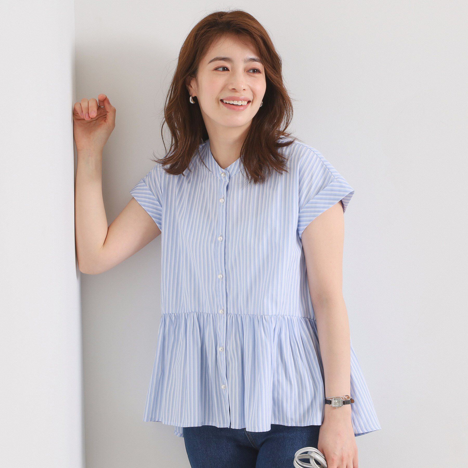 ITS&rsquo;DEMO「【接触冷感／手洗い可】ストライプペプラムブラウス」|シャツ・ブラウス|サックスブルー(39