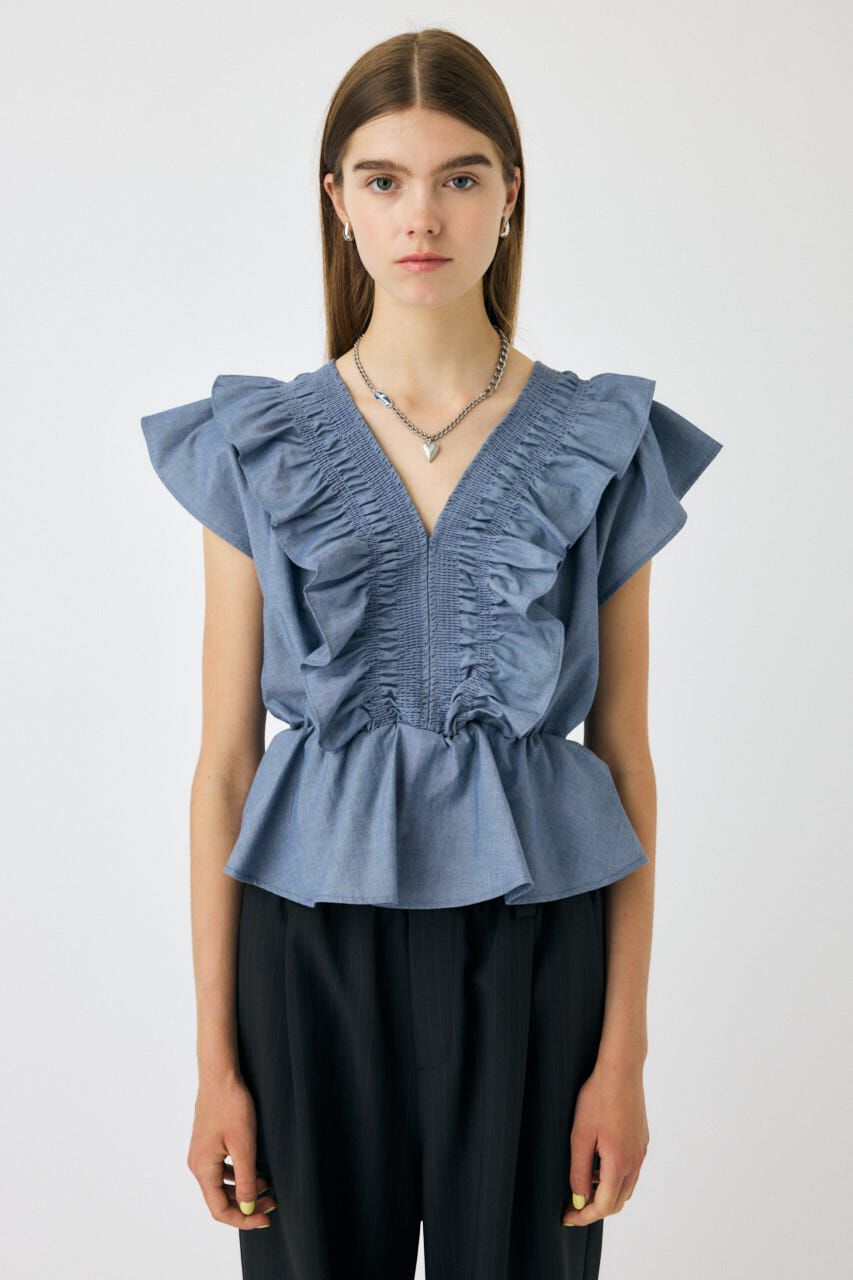 MOUSSY「SHIRRING RUFFLE PEPLUM トップス BLU」|その他|