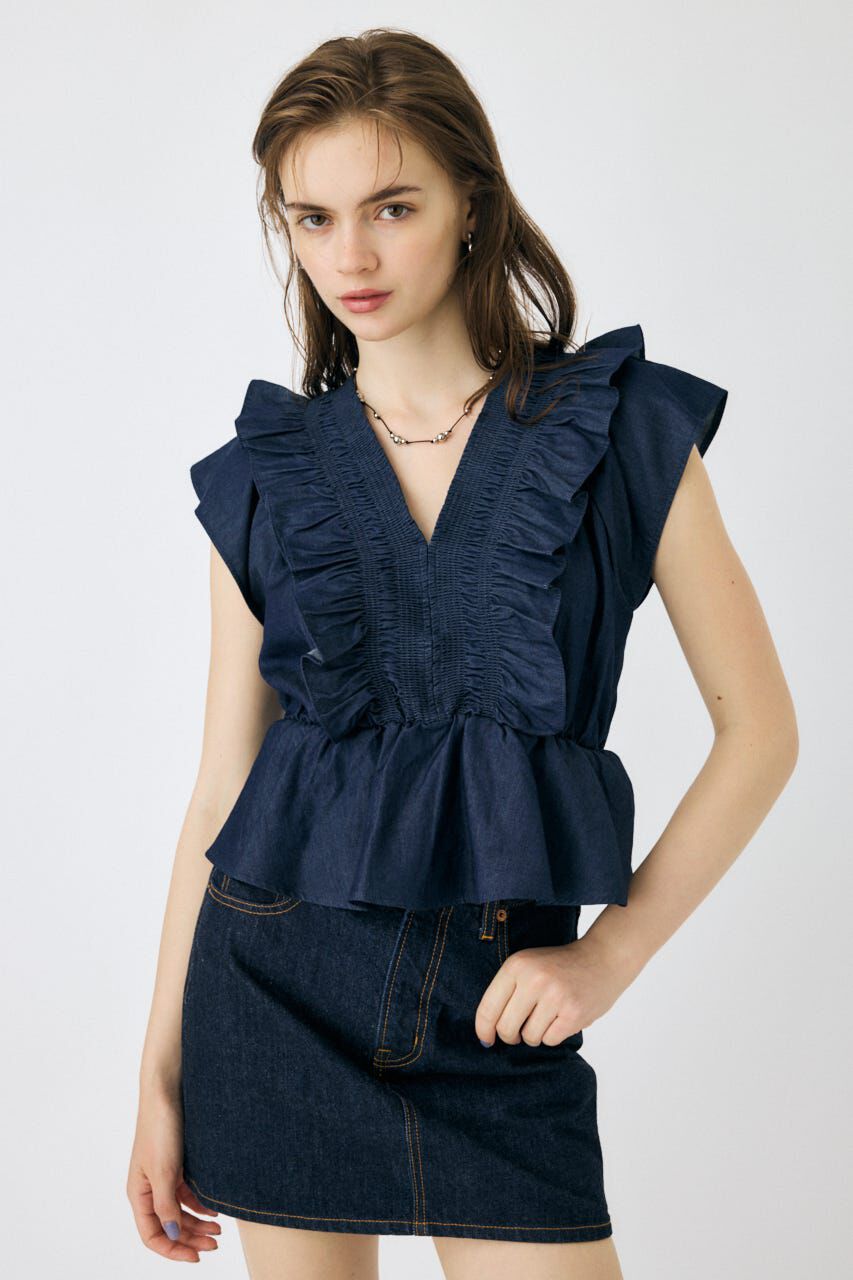 MOUSSY「SHIRRING RUFFLE PEPLUM トップス BLU」|その他|