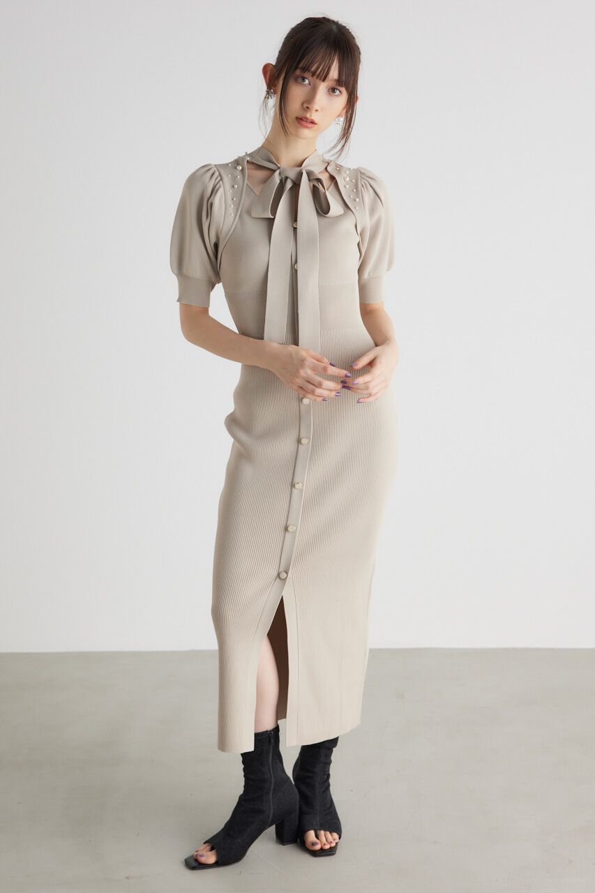 rienda「2WAYネックリボンフェイクパールKnit OP」|ワンピース|