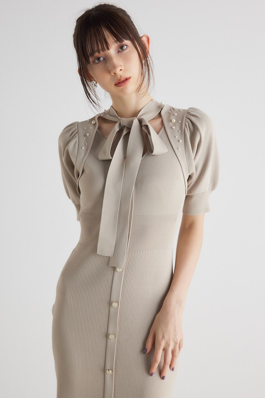 rienda「2WAYネックリボンフェイクパールKnit OP」|ワンピース|