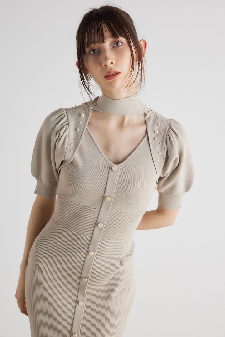 rienda「2WAYネックリボンフェイクパールKnit OP」|ワンピース|