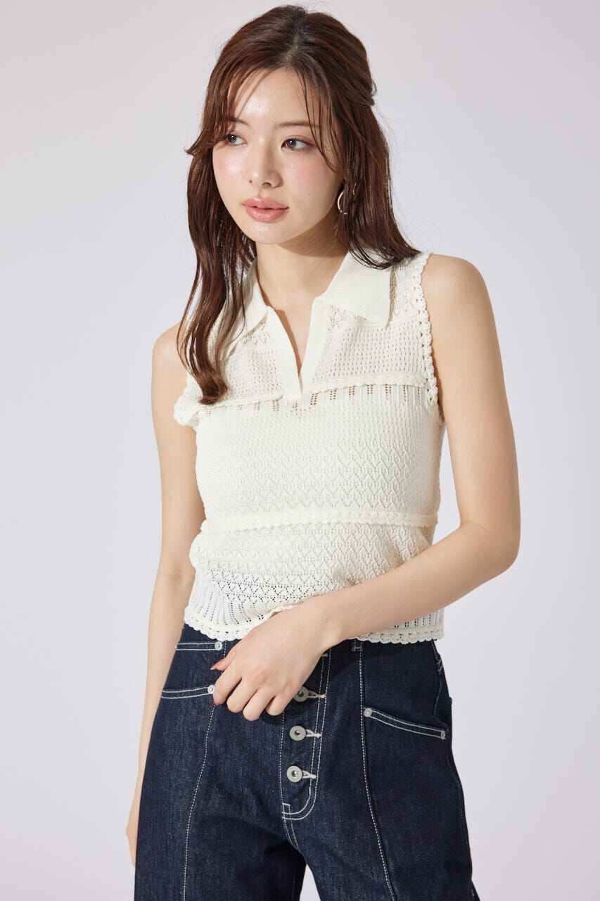 rienda「スキッパークロシェニットトップス」|シャツ・ブラウス|