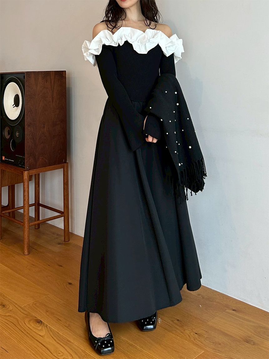 LILY BROWN「【限定カラー】【WEB限定00サイズ】フリルカラーニットコンビワンピース」|ワンピース|BLK