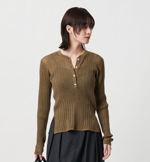 BEAUTY&YOUTH UNITED ARROWS「アルパカブレンド ランダムリブ ヘンリーネックプルオーバー」|ニット・セーター|OLIVE