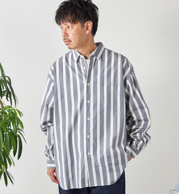 SHIPS any「SHIPS any: オーバーサイズ レギュラーカラー チェック／ストライプ 長袖 シャツ◇」|シャツ・ブラウス|グレー