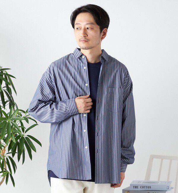 SHIPS any「SHIPS any: オーバーサイズ レギュラーカラー チェック／ストライプ 長袖 シャツ◇」|シャツ・ブラウス|ネイビー