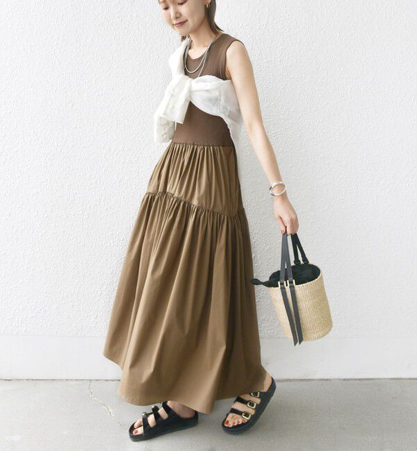 SHIPS for women「〈手洗い可能〉コットン リブ ノースリーブ &times; 布帛 スカート ワンピース」|ワンピース|