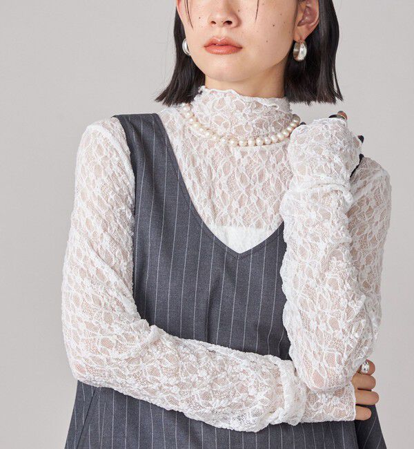 SHIPS for women「SHIPS NINE CASE:〈手洗い可能〉シアー レース ハイネック プルオーバー」|Tシャツ・カットソー|ホワイト