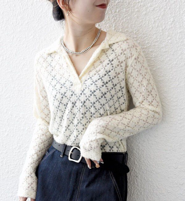 SHIPS any「SHIPS any:〈手洗い可能〉起毛 レース 開襟 スキッパー プルオーバー」|Tシャツ・カットソー|ナチュラル