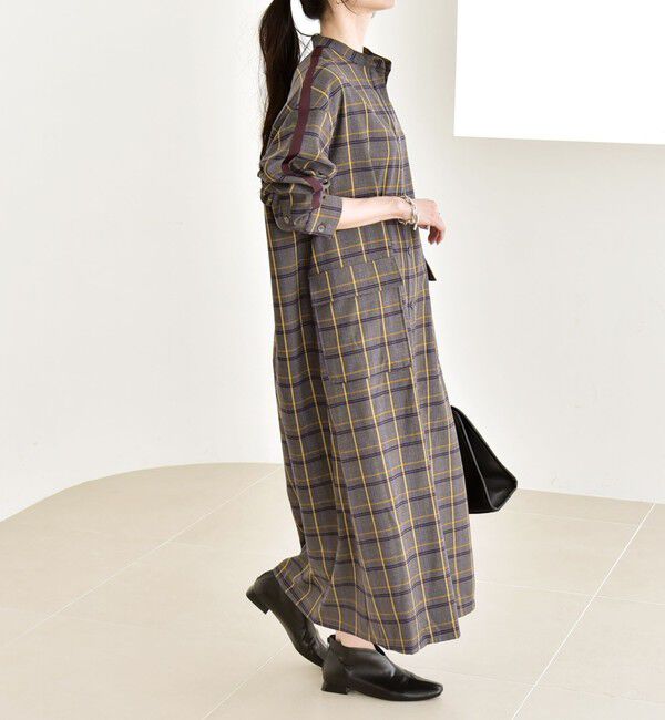 quaranciel「quaranciel: バンドカラー ライン チェック ポケット シャツ ワンピース」|ワンピース|