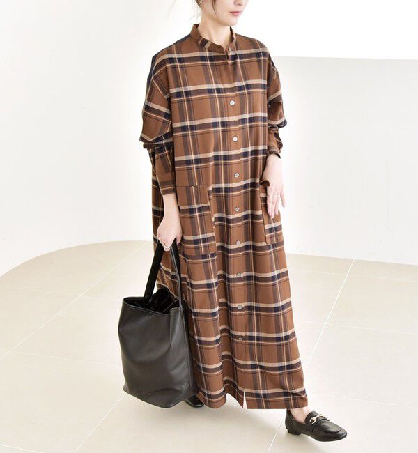 quaranciel「quaranciel: バンドカラー ライン チェック ポケット シャツ ワンピース」|ワンピース|