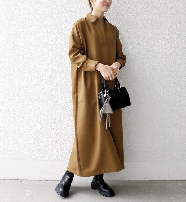 SHIPS any「SHIPS any:〈洗濯機可能〉サージ スキッパー シャツ ワンピース」|ワンピース|キャメル